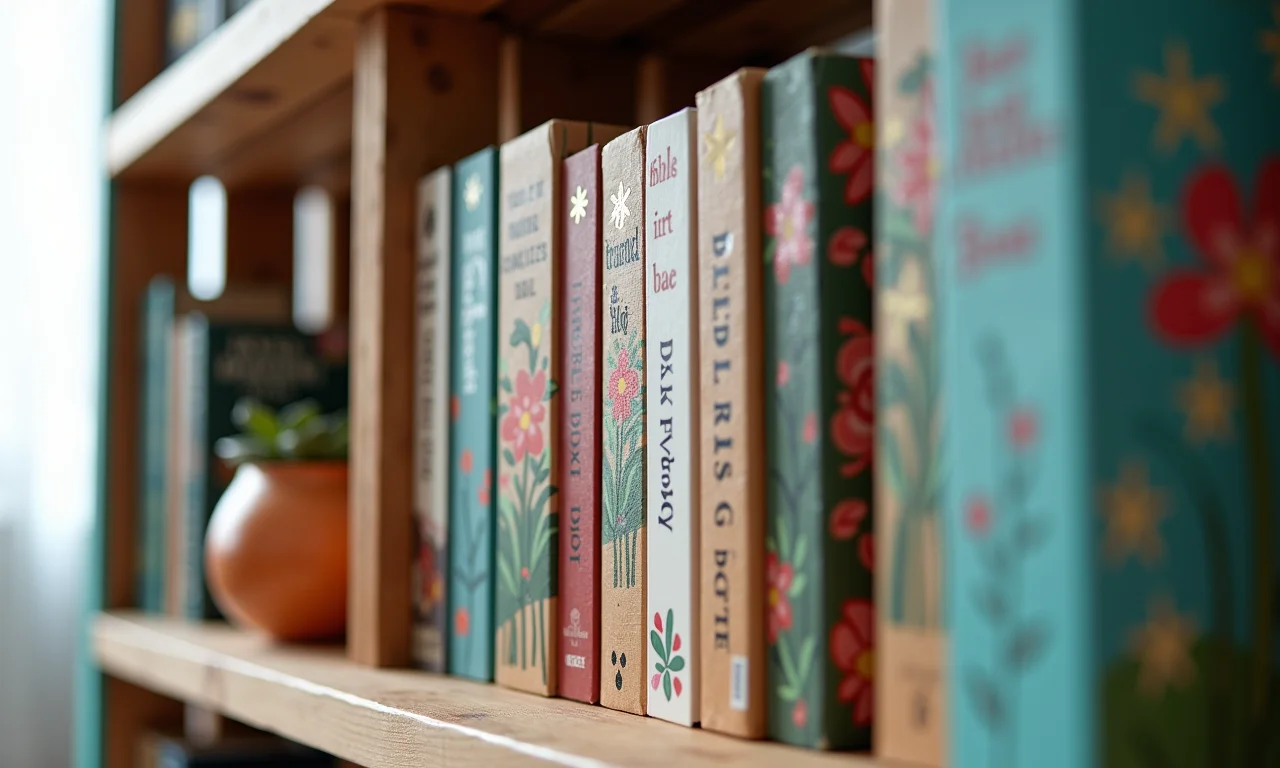 Detalhe de estante de caixotes personalizada com pintura e decoração.