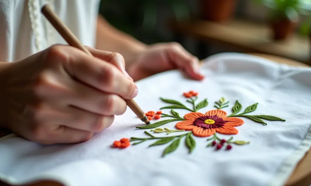 Ponto cruz toalhas: gráficos de temas variados Detalhe de mãos bordando ponto cruz em toalha branca com motivos florais.
