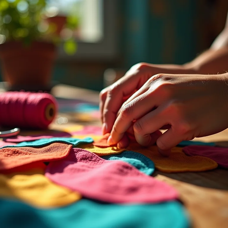 Detalhe de mãos costurando patchwork colorido com luz natural