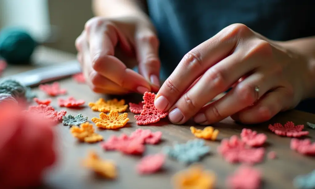 Lembrancinha de casamento de EVA: Moldes Detalhe de mãos criando lembrancinhas de casamento em EVA coloridas e detalhadas.