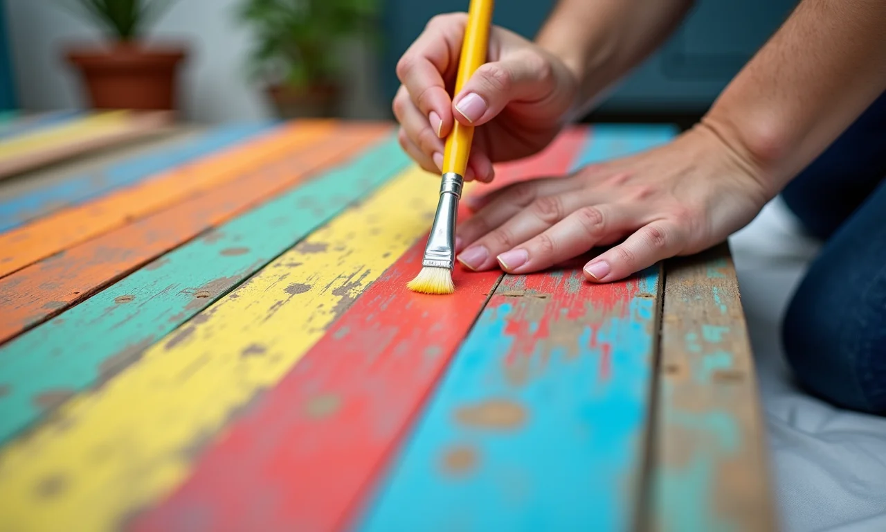 Detalhe de mãos pintando um padrão colorido em uma cabeceira de palete.