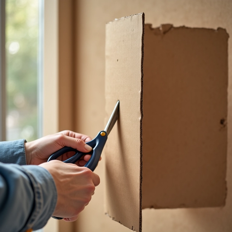 Detalhe de mãos recortando uma porta de papelão com tesoura.