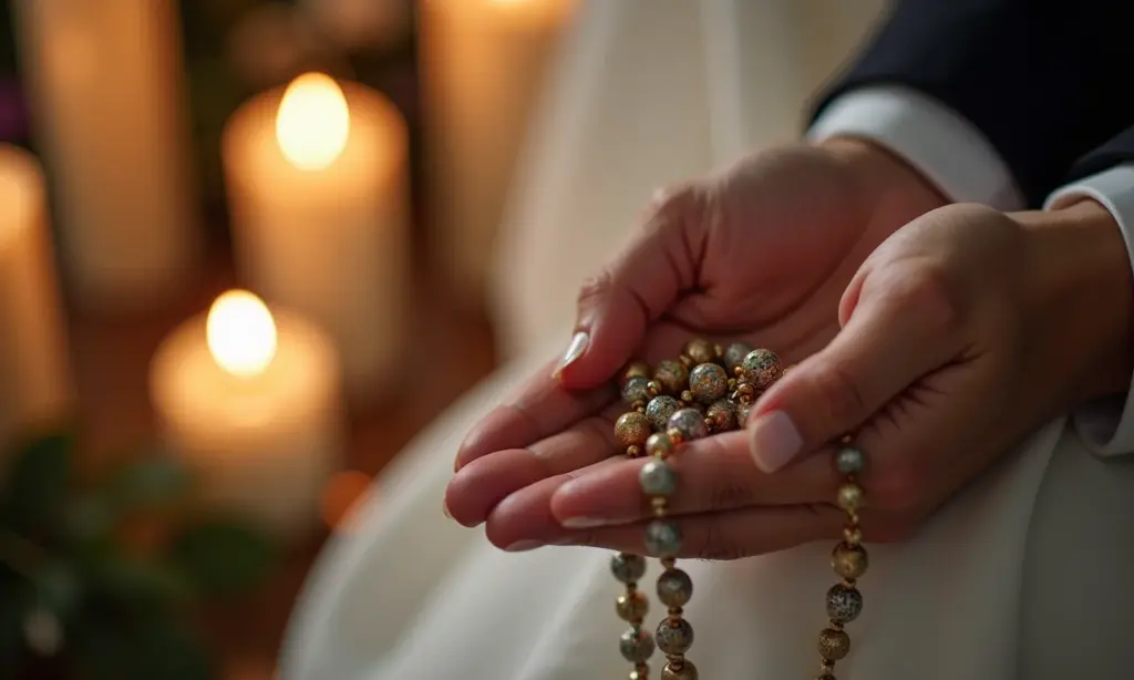 Lembrancinha crisma: Ideias para a celebração Detalhe de mãos segurando terço com convite de Crisma ao fundo.