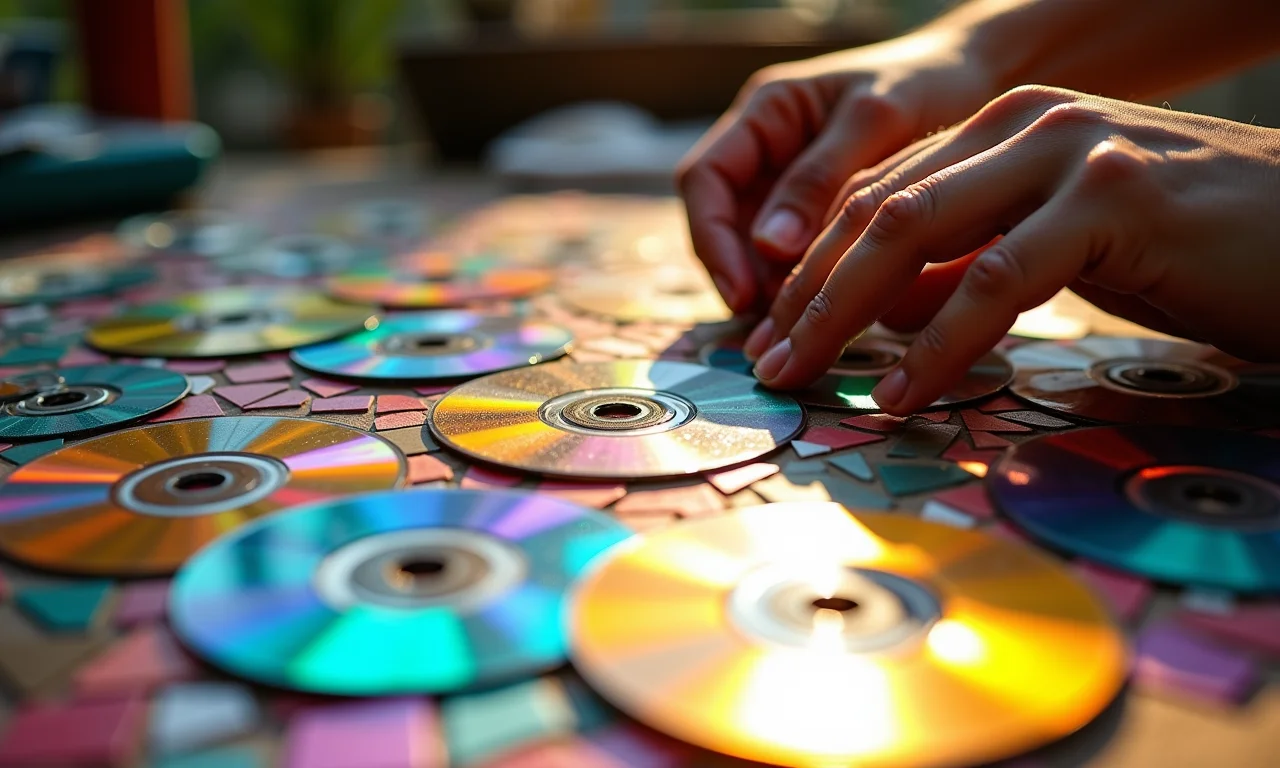 Detalhe de mosaico de CD com reflexos de luz.