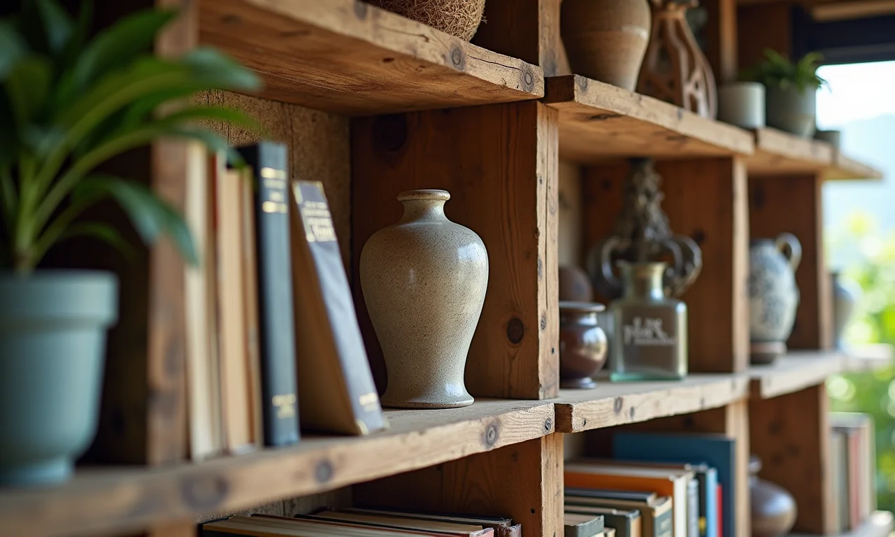 Detalhe de prateleiras de pallet rústicas com livros e artesanato.