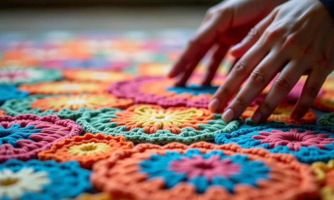 Detalhe de um tapete de crochê mostrando os pontos intrincados e cores vibrantes.