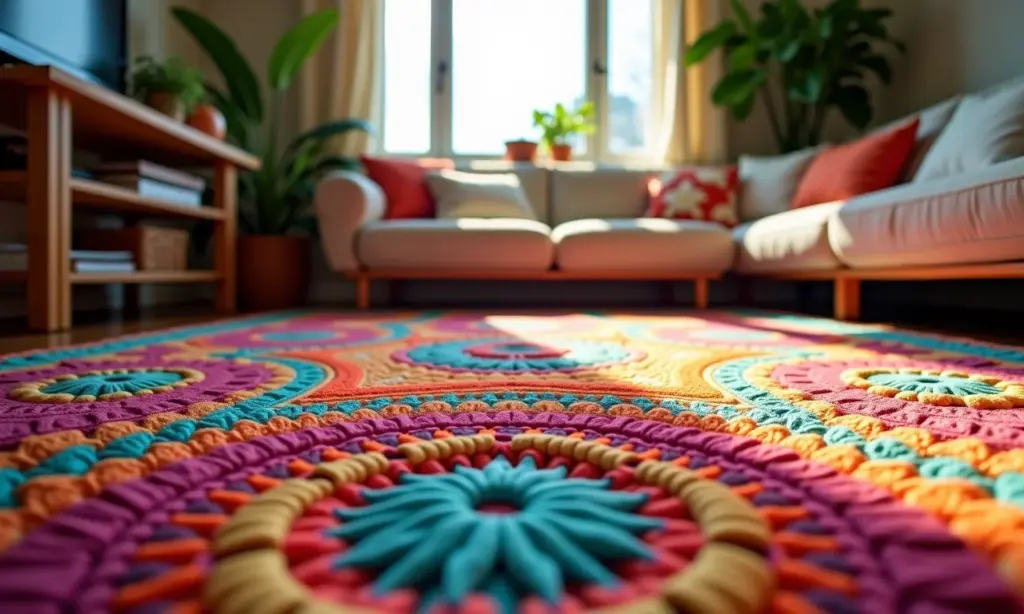 Detalhe de um tapete de crochê vibrante com padrões intrincados em uma sala de estar estilo boêmio.