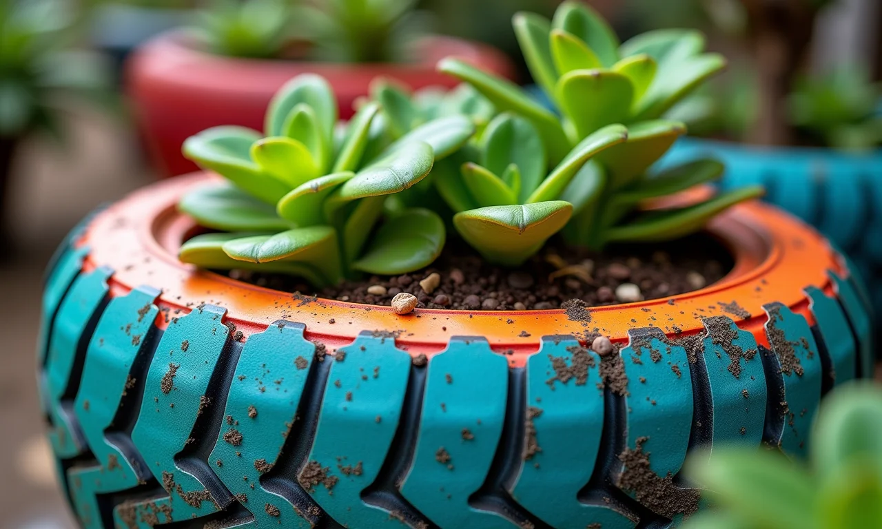 Detalhe de um vaso de pneu pintado com cores vibrantes.