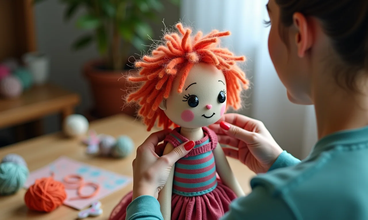 Detalhe do cabelo de uma boneca de pano sendo estilizado com lã e outros materiais.