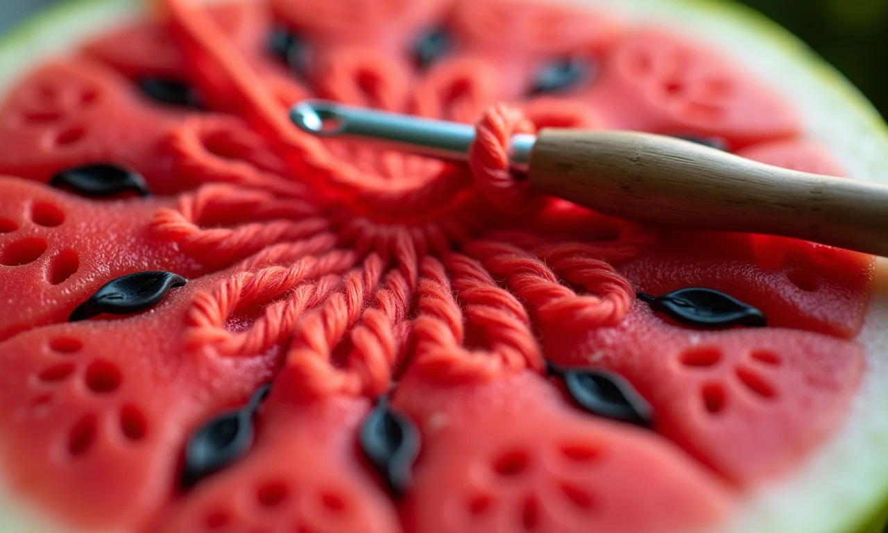 Detalhe do crochê em vermelho, formando o círculo mágico da melancia.