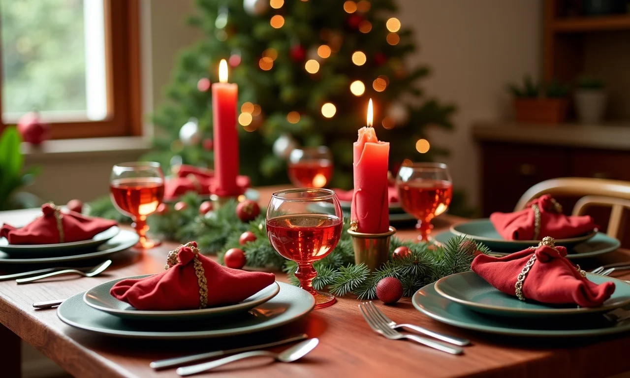 Detalhes artesanais em mesa de Natal com decoração vibrante.