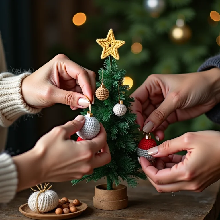 Detalhes de enfeites de crochê sendo adicionados à árvore.
