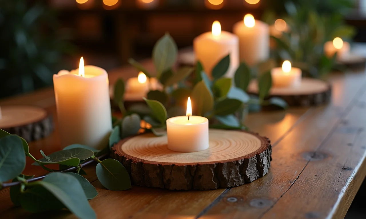 Detalhes em madeira na decoração de casamento rústico.