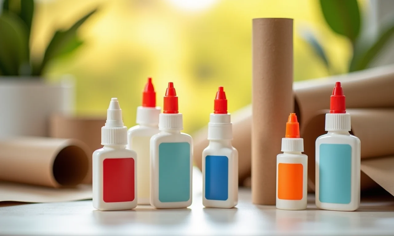 Diferentes tipos de cola ao lado de artesanatos feitos com rolos de papel.