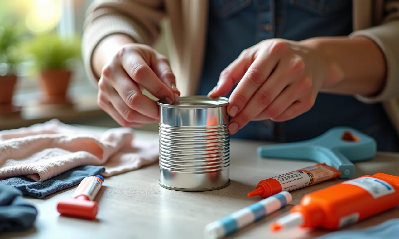 Diferentes tipos de cola em uma mesa ao lado de uma lata sendo decorada com tecido.