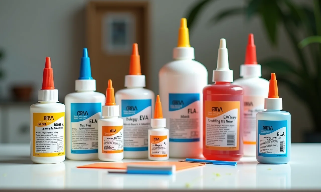 Diferentes tipos de cola exibidos com folhas de EVA e ferramentas de artesanato.