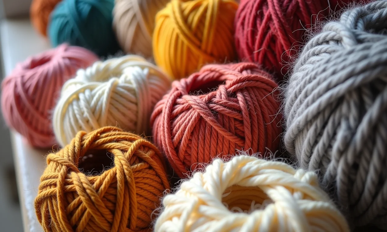 Diferentes tipos de fios para tapetes de crochê: algodão, barbante e lã.
