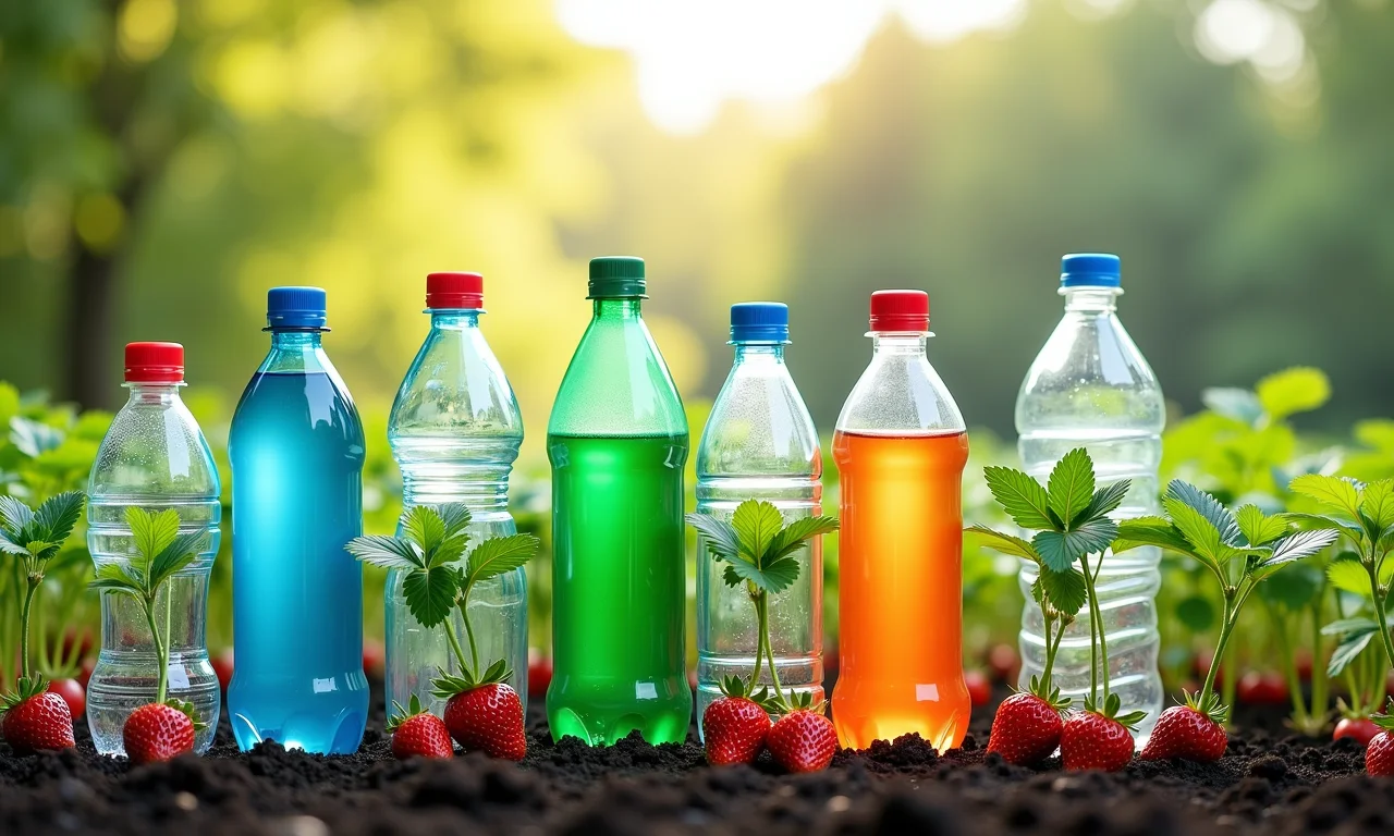 Diferentes tipos de garrafa PET para plantar morangos.