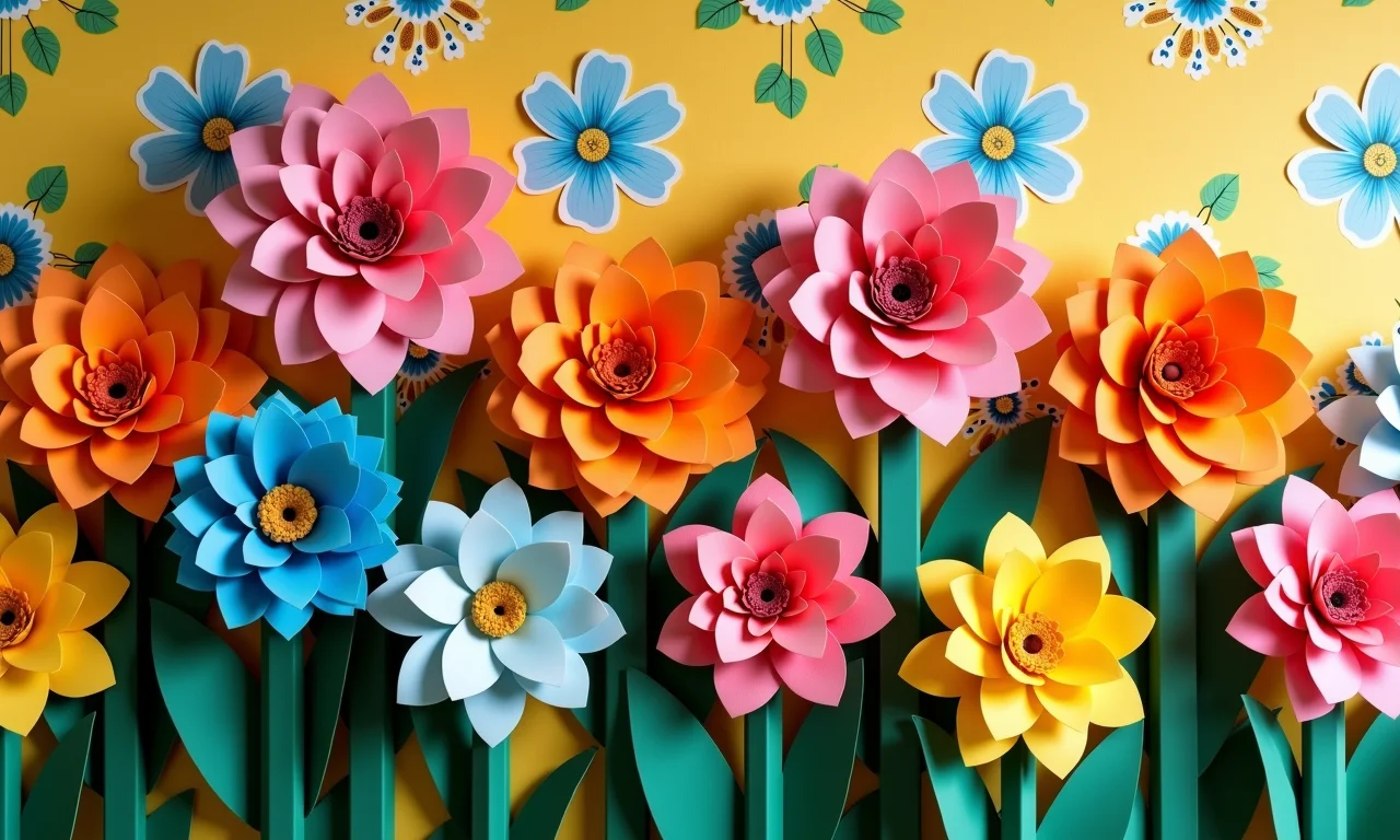 Diversas flores de rolo de papel com estilos e estampas variadas.