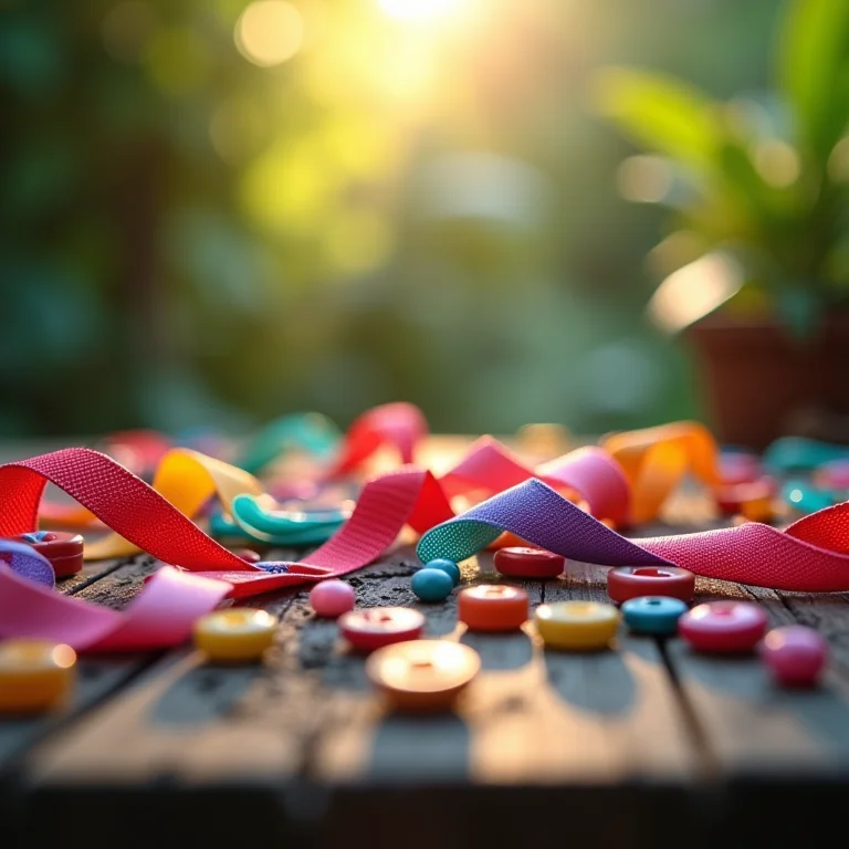 Diversidade de fitas, botões e miçangas para artesanato.