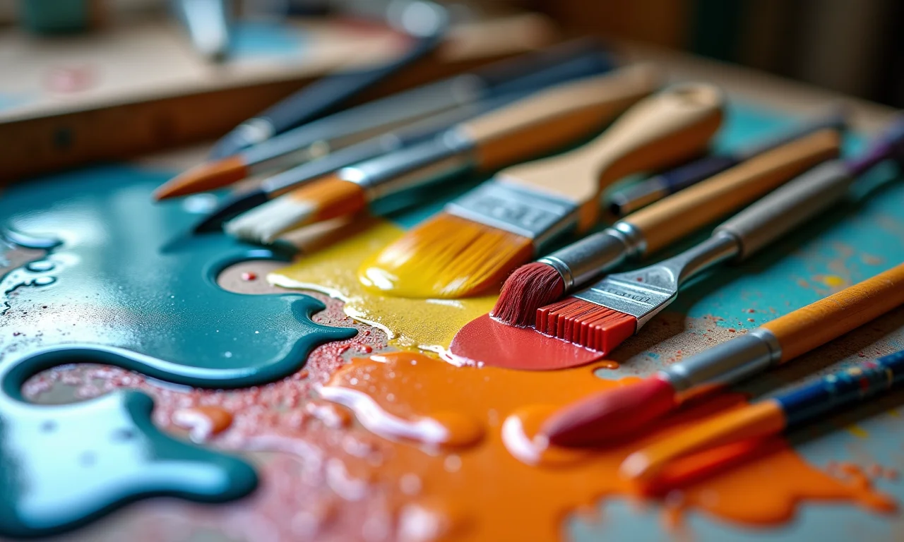 Diversos materiais e ferramentas úteis para a técnica de pintura fluida.