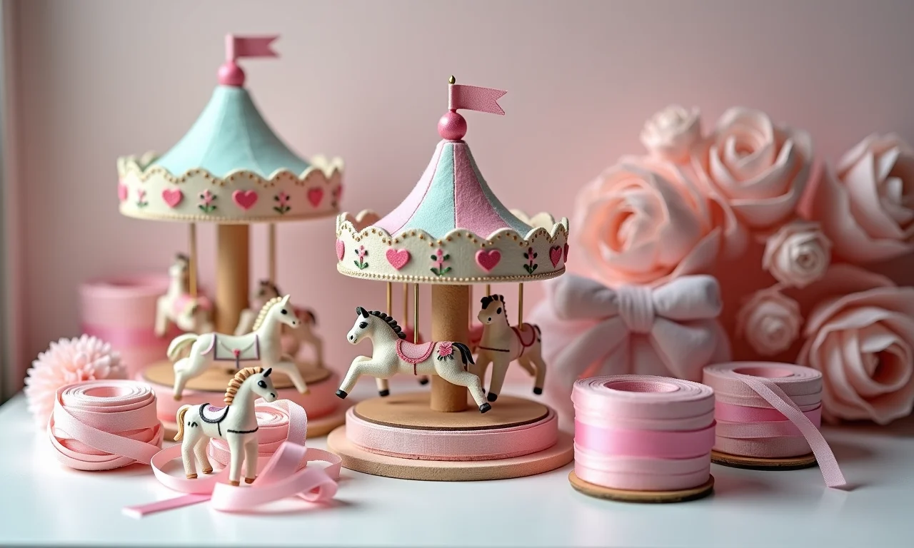 Diversos materiais para fazer lembrancinhas de carrossel: feltro, fitas, miniaturas.