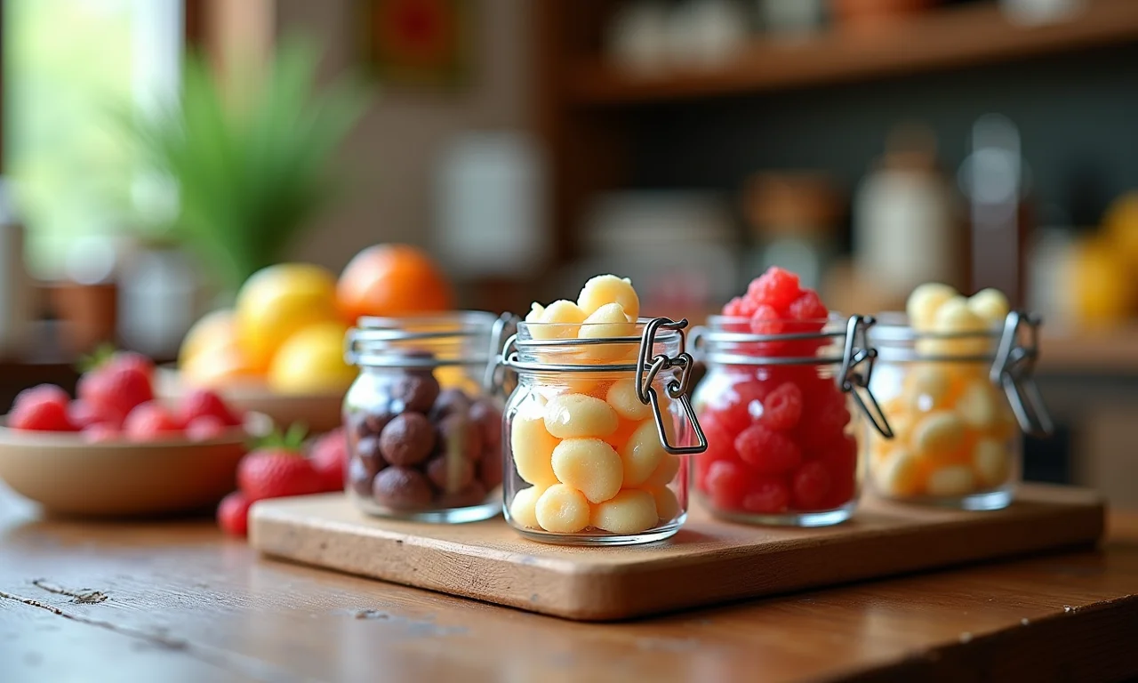 Doces caseiros em miniatura em potes em suporte de exibição.