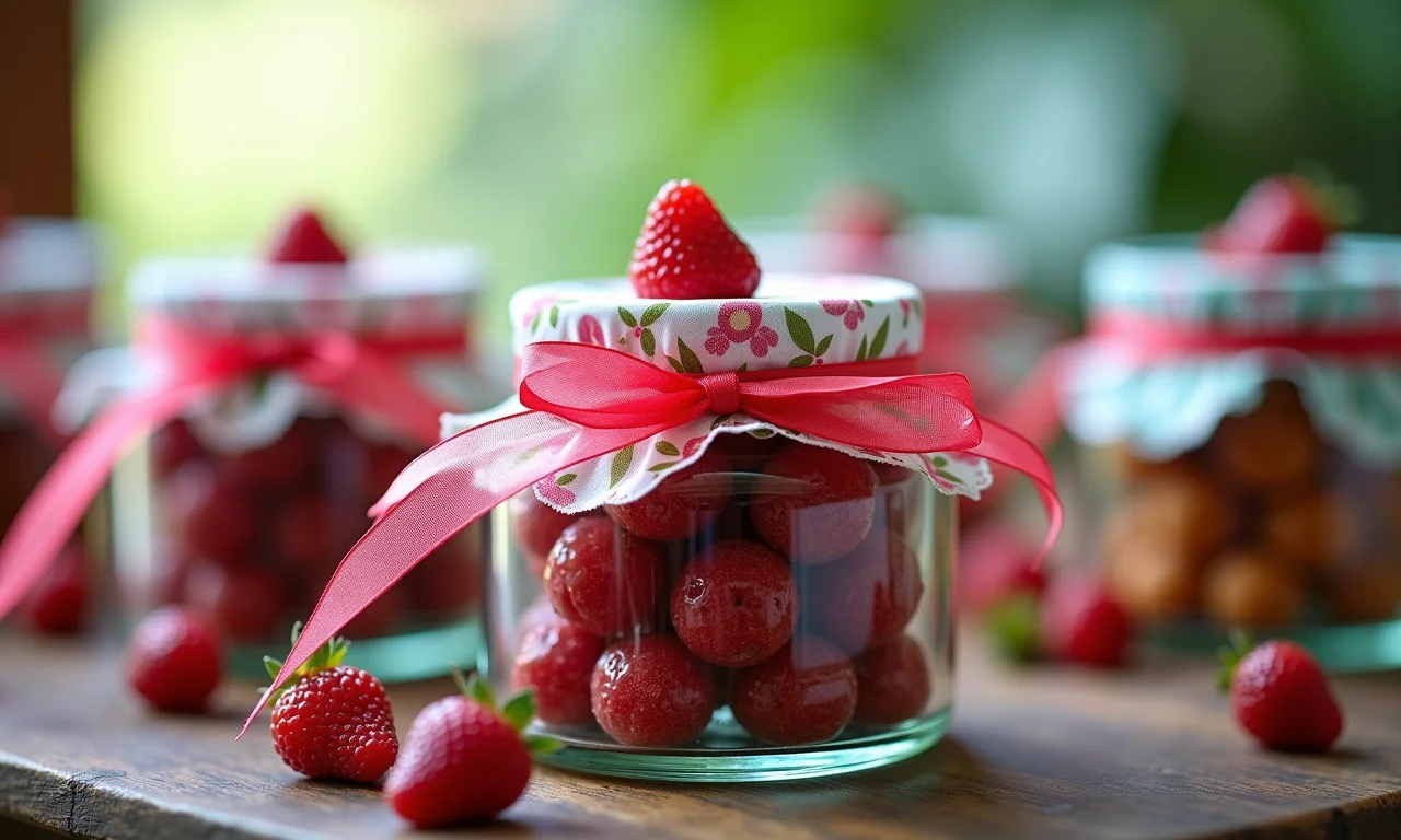 Doces caseiros em potes decorados.