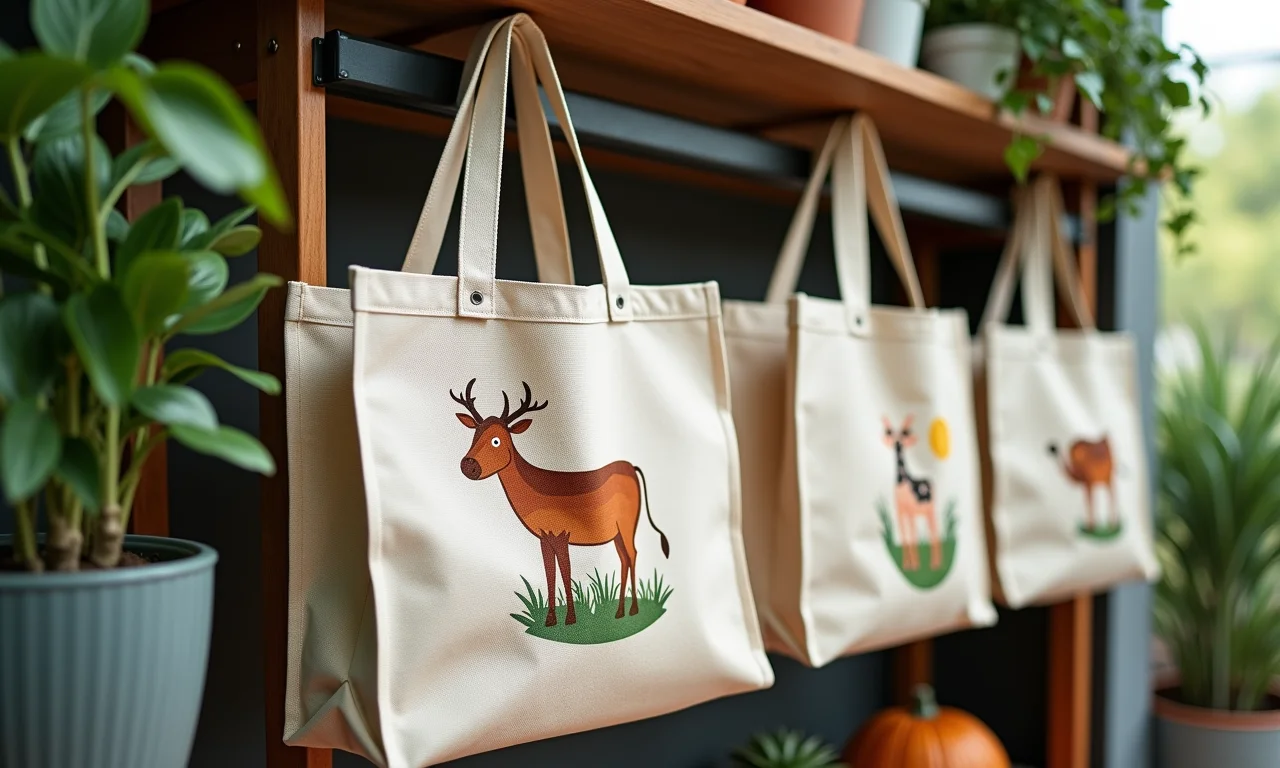 EcoBags personalizadas penduradas em um rack.