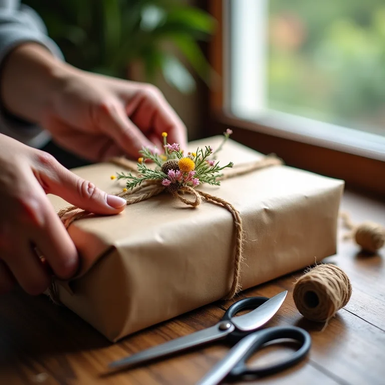 Embalagem de presente sustentável com papel kraft e flores secas
