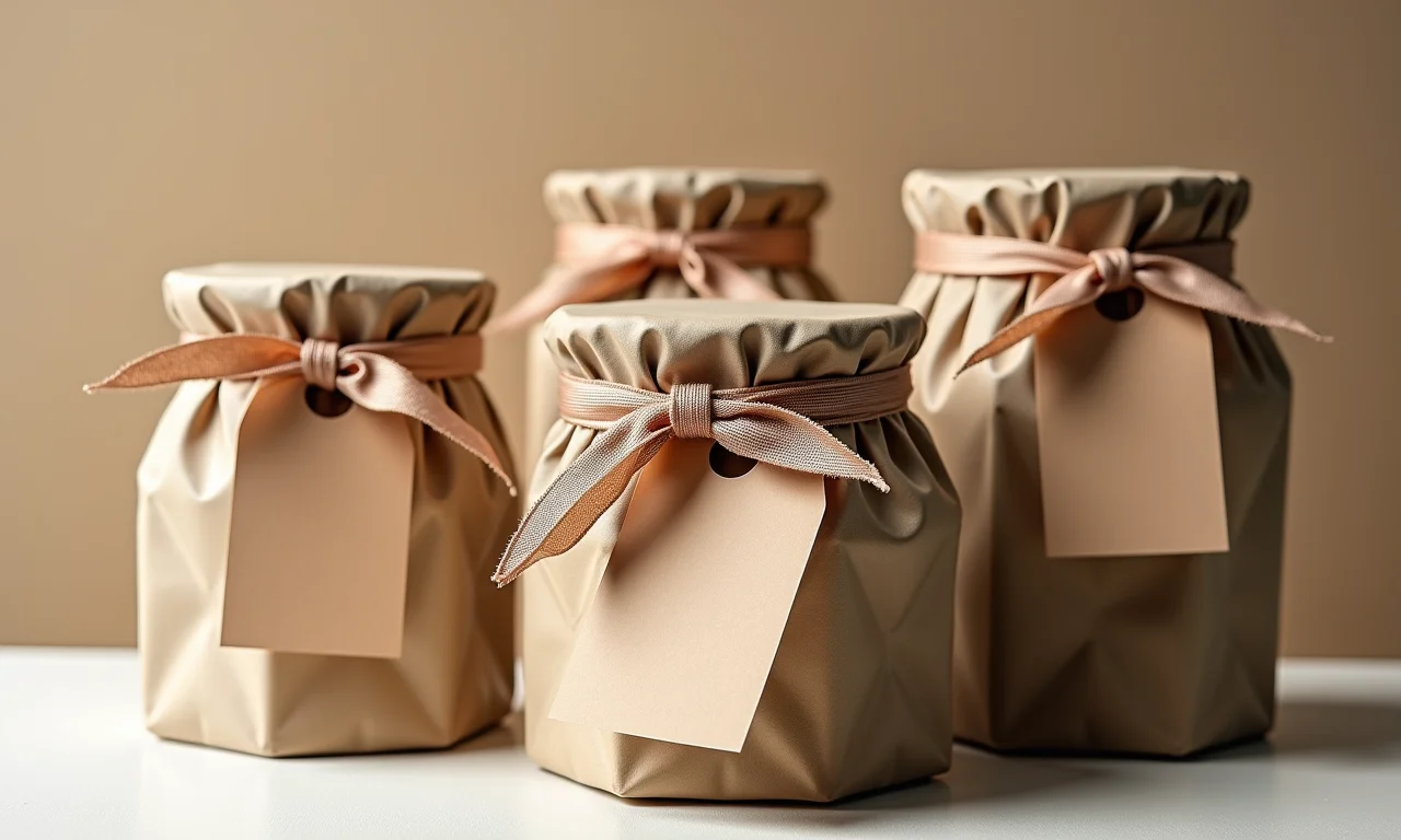 Embalagens criativas feitas com potes de vidro reciclados, lindamente embrulhadas com fitas e etiquetas.