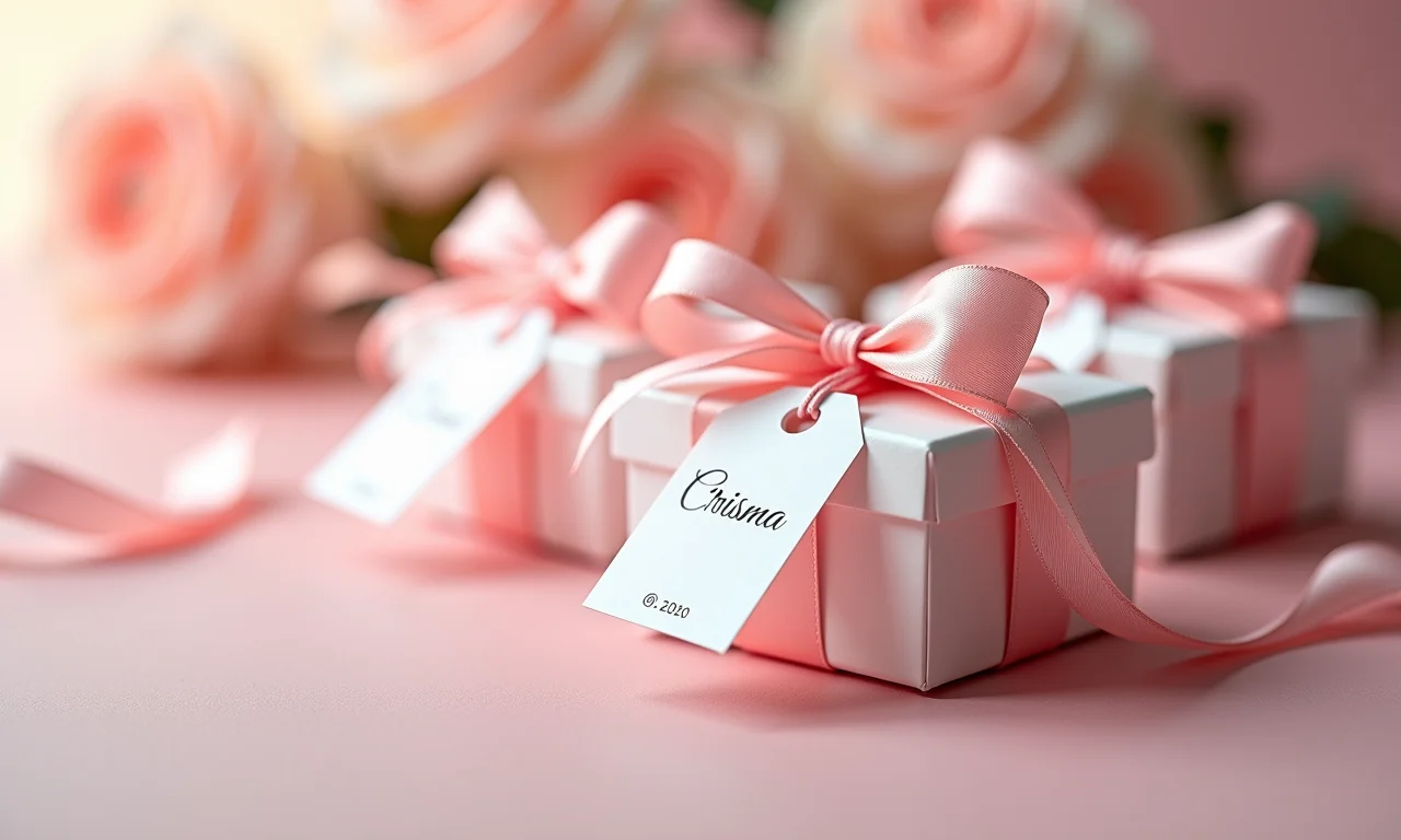 Embalagens elegantes para lembrancinhas de Crisma com fitas e tags.