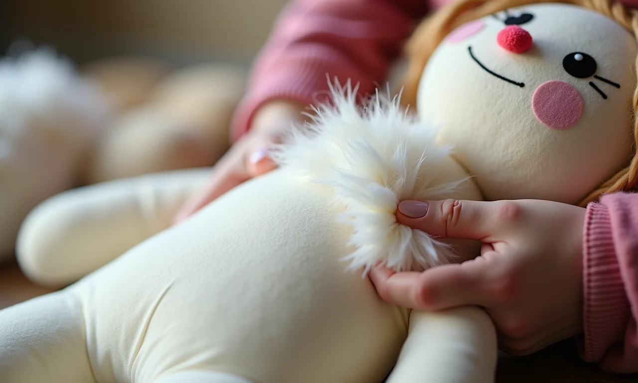 Enchimento macio de algodão ou poliéster sendo usado para dar forma a uma boneca.