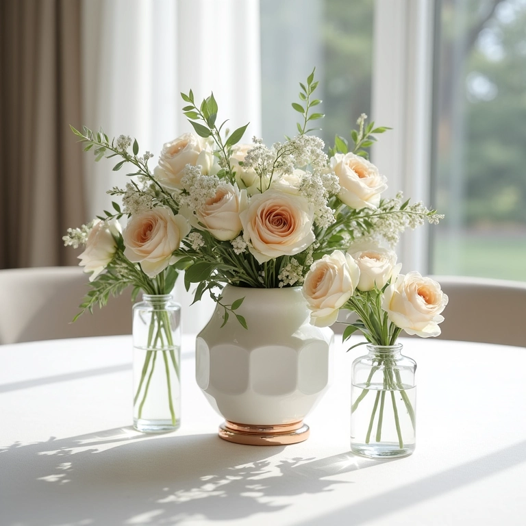 Enfeite de mesa moderno para casamento com vasos geométricos.