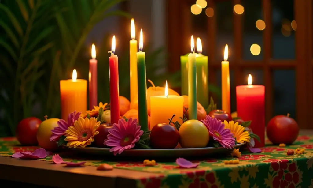 Enfeites de mesa barato: para festas e eventos Enfeite de mesa vibrante com velas, flores e frutas, ideal para festas e eventos brasileiros.