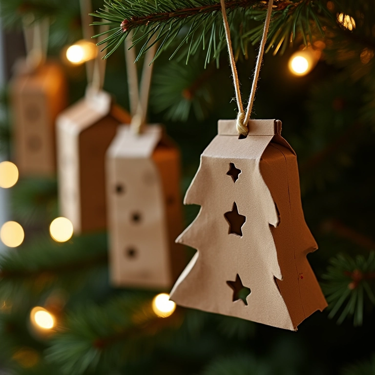 Enfeites de árvore de Natal sustentáveis feitos de caixas de leite.