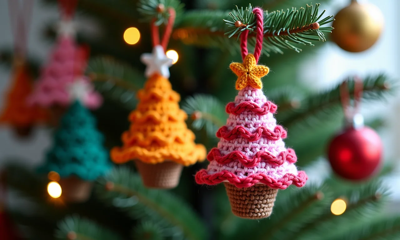 Enfeites de crochê coloridos pendurados em árvore de Natal.