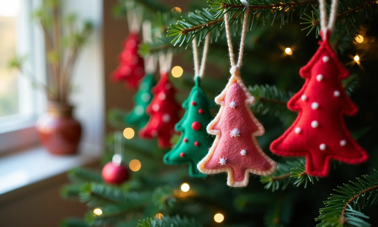 Enfeites de feltro feitos à mão pendurados em árvore de Natal.