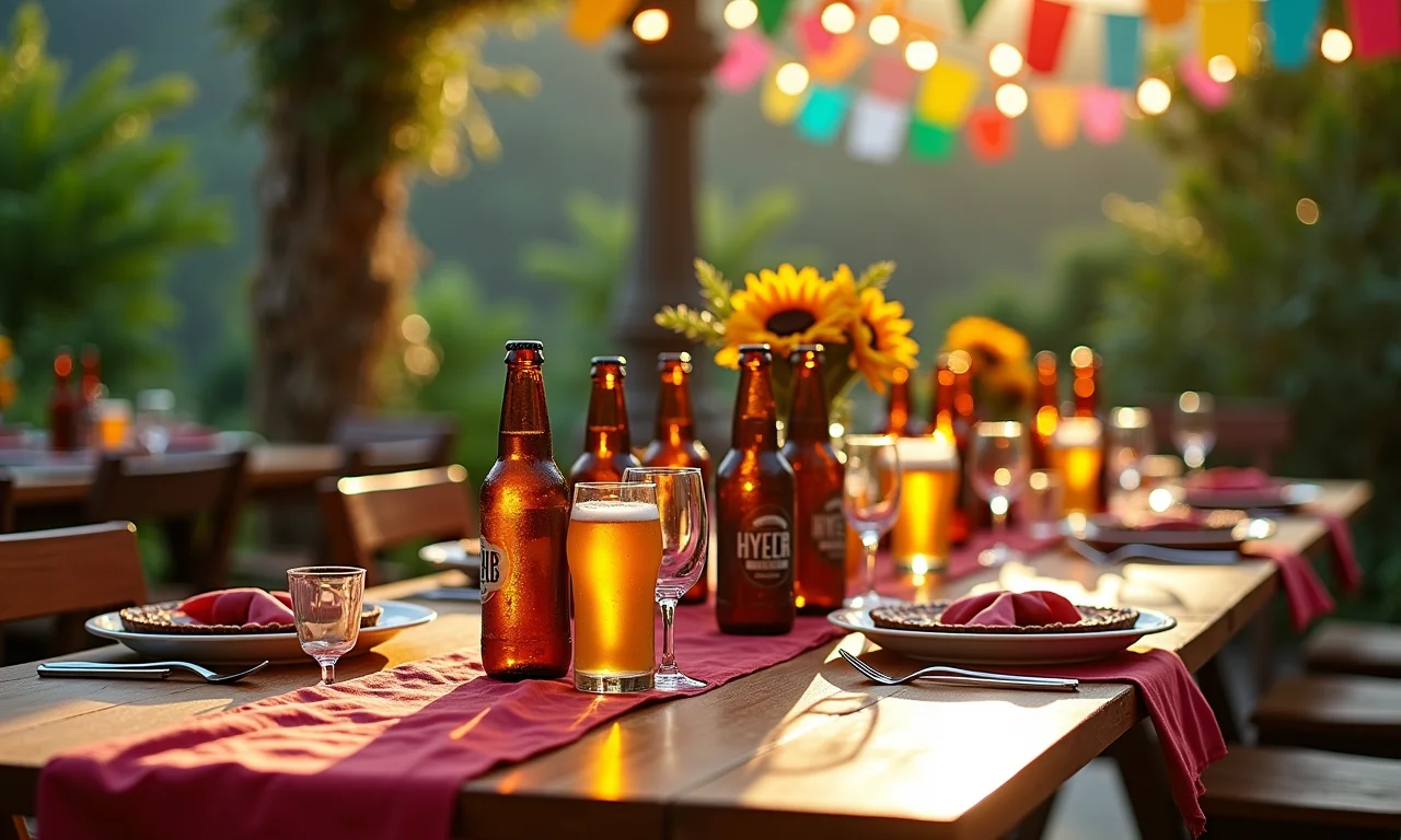 Enfeites de mesa temáticos feitos com garrafas de cerveja.