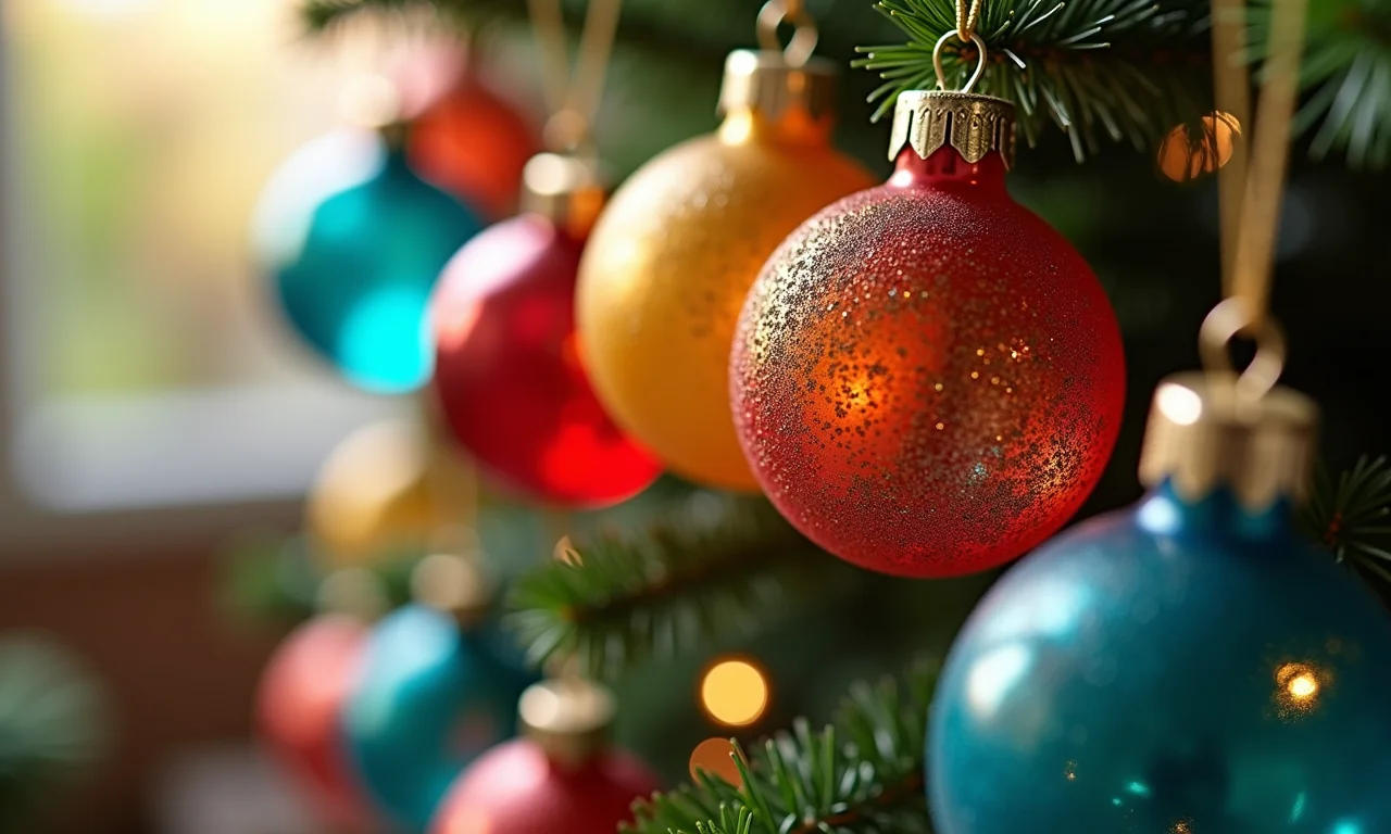 Enfeites de Natal coloridos feitos com garrafas PET recicladas.