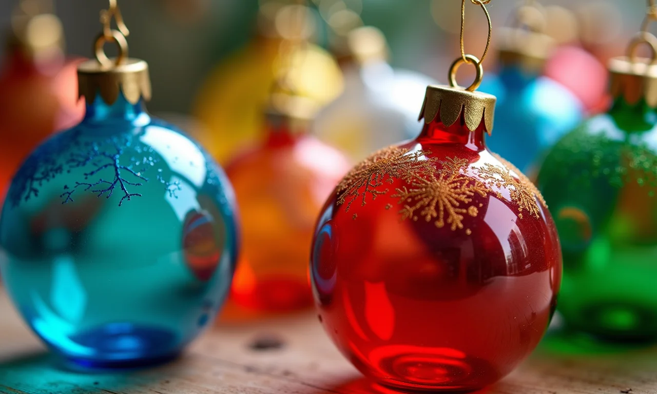 Enfeites de Natal coloridos feitos com garrafas PET recicladas.