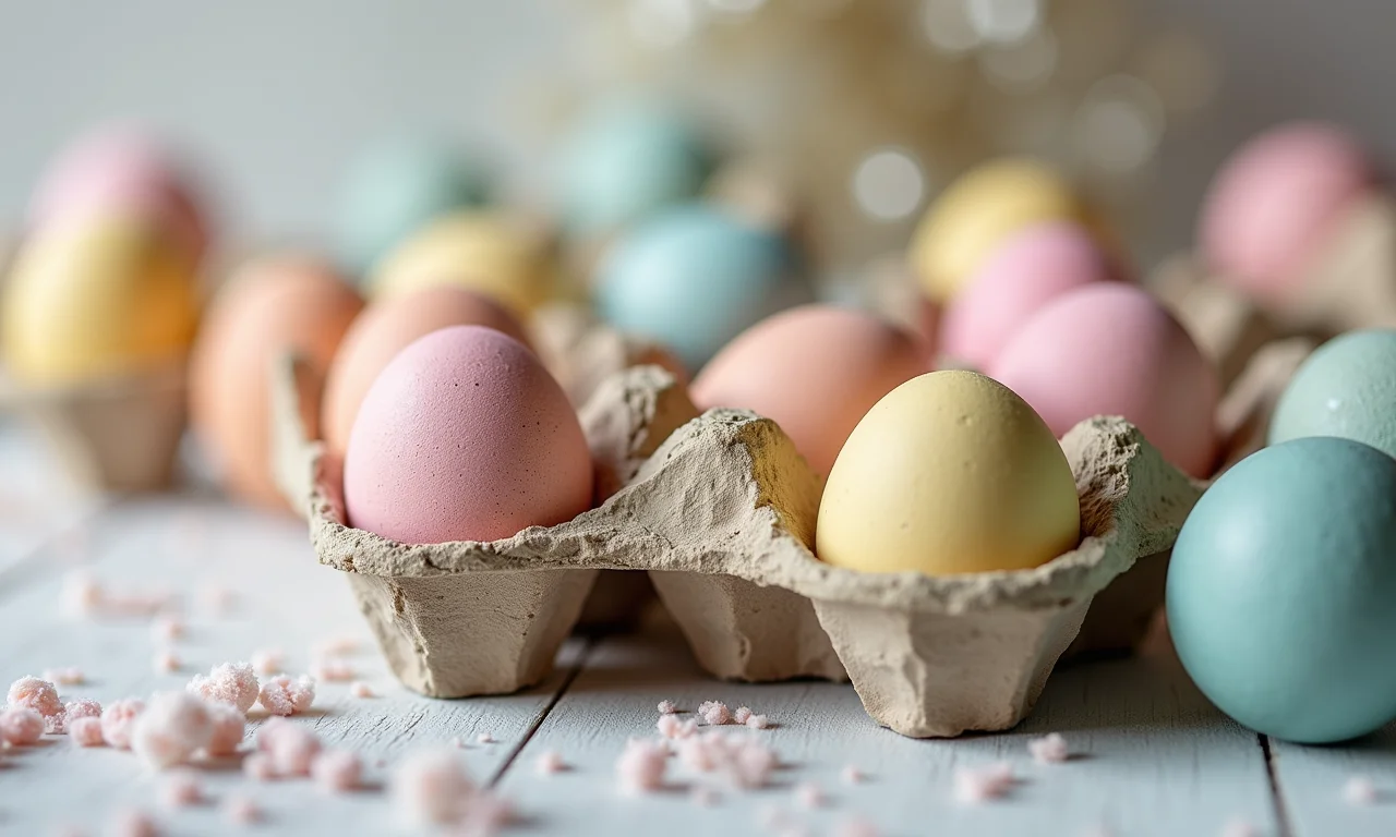 Enfeites de Natal feitos com caixas de ovos recicladas em tons pastel.