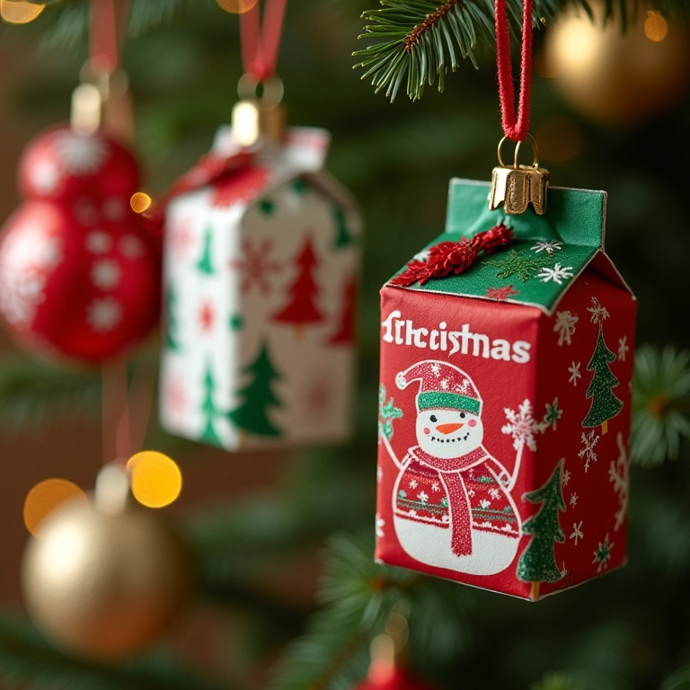Enfeites de Natal personalizados feitos com caixas de leite.