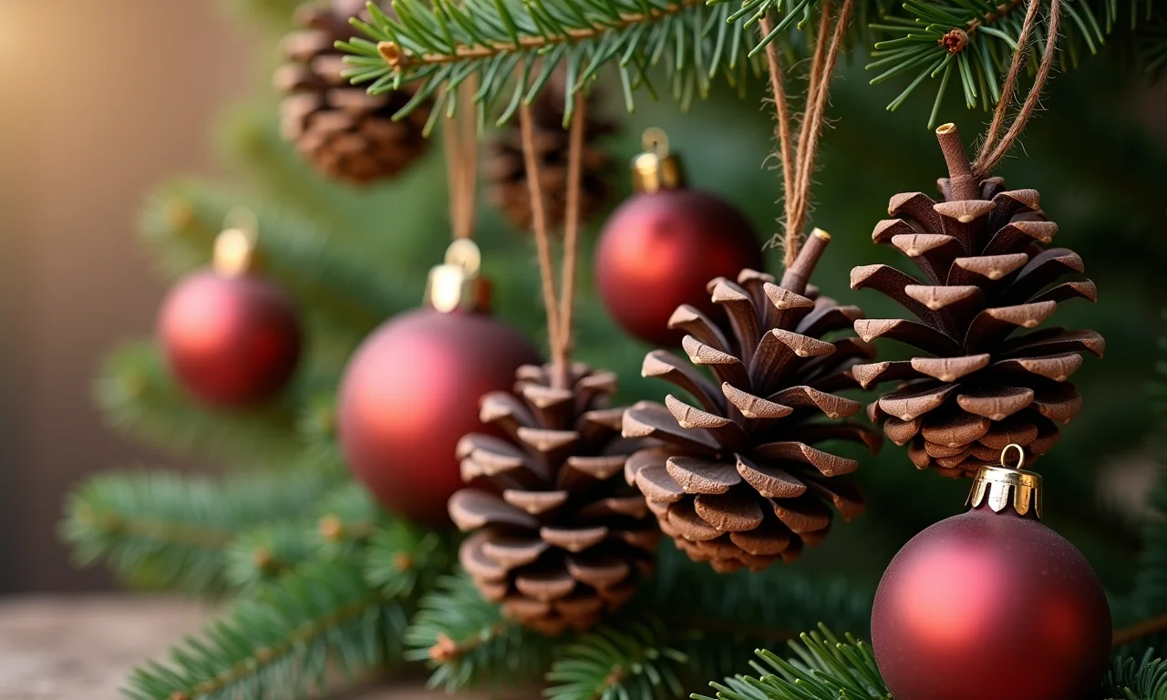 Enfeites de Natal rústicos feitos com pinhas.