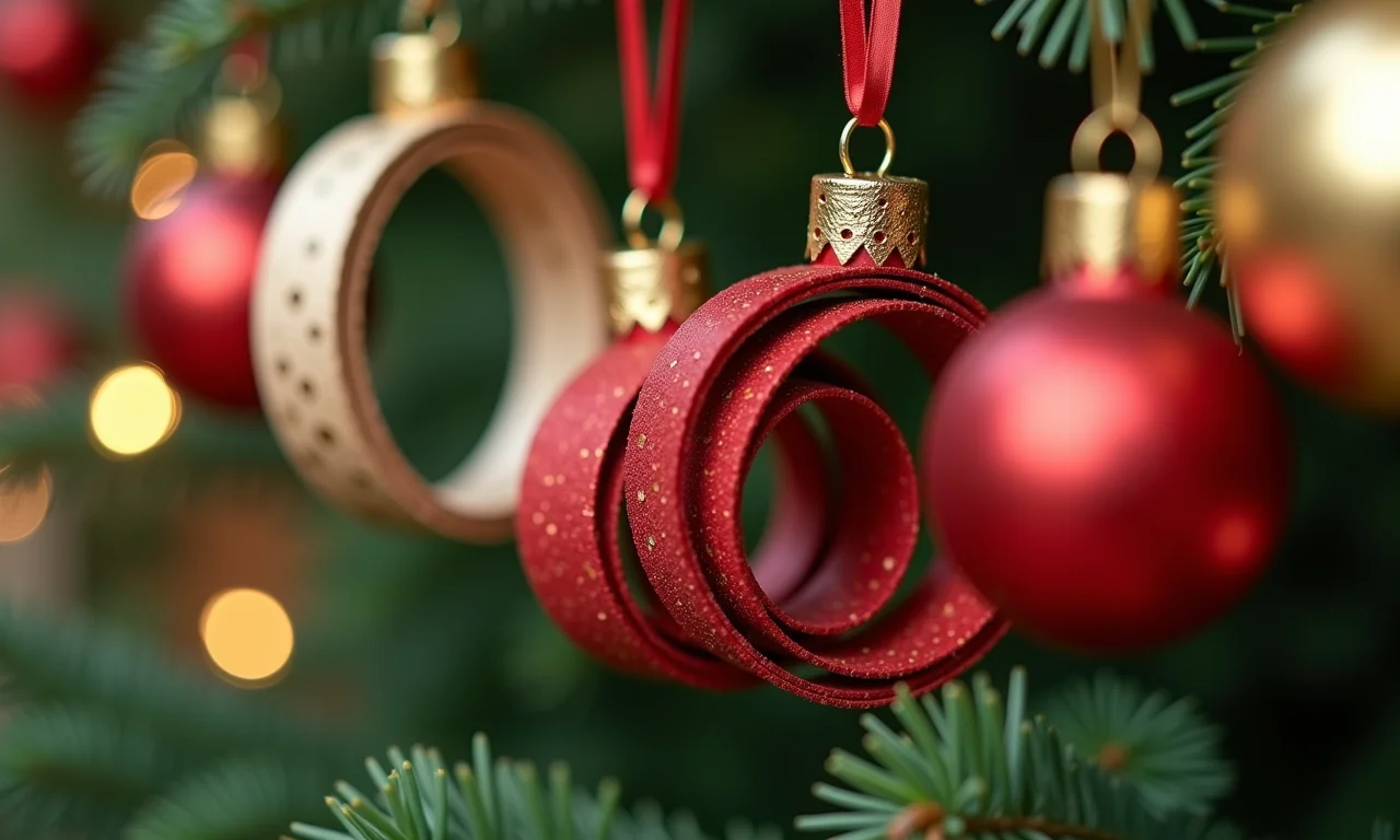 Enfeites de Natal sustentáveis feitos com rolos de papel pendurados em uma árvore.