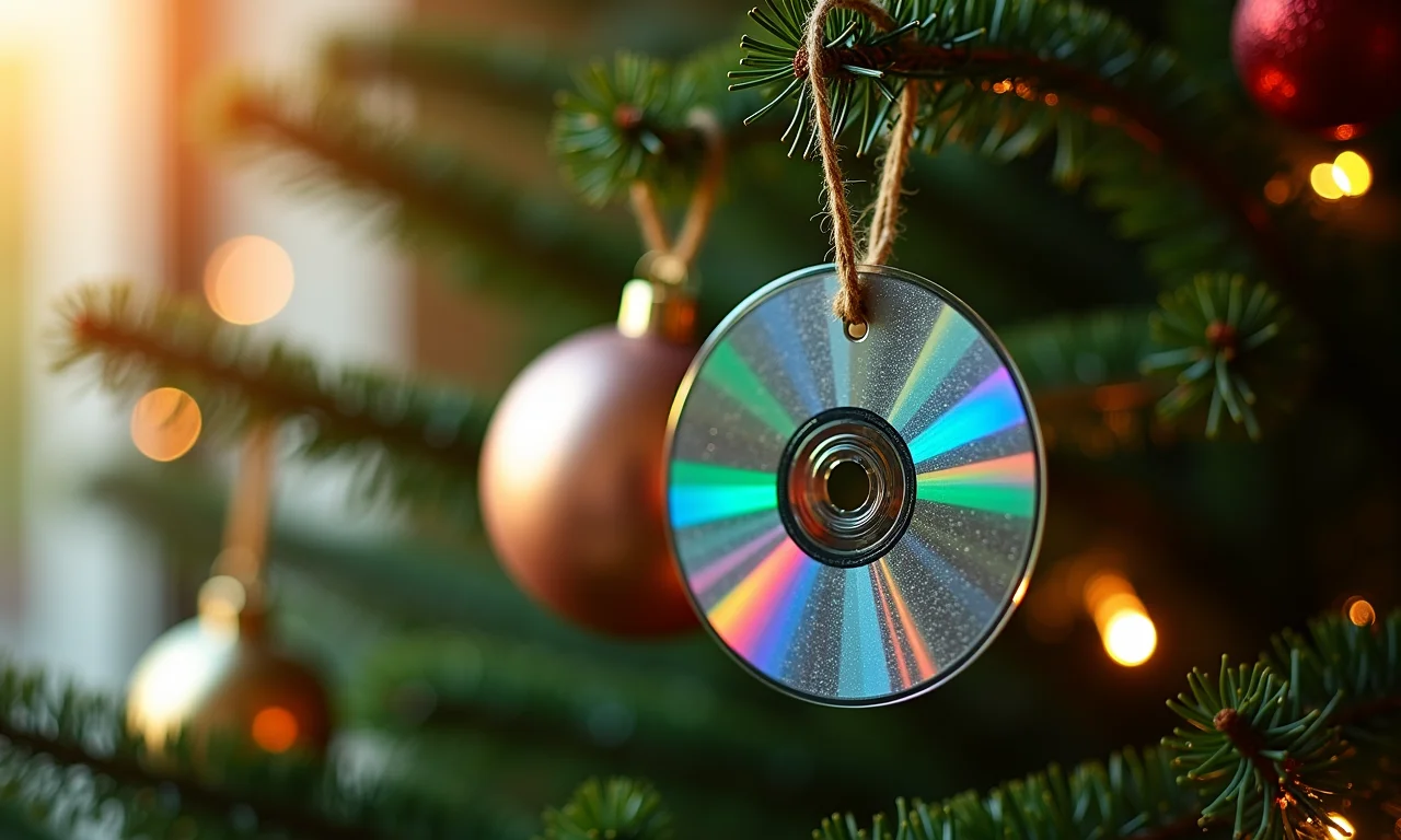 Enfeites de Natal sustentáveis feitos de CDs reciclados pendurados na árvore.