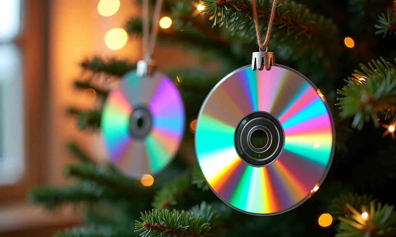Enfeites festivos para árvores feitos com CDs reciclados.