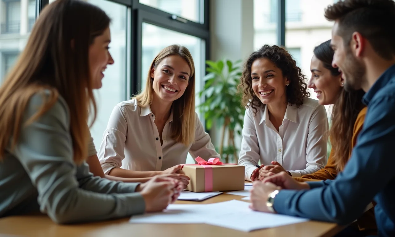 Equipe diversa pensando em lembrancinhas para o público-alvo.