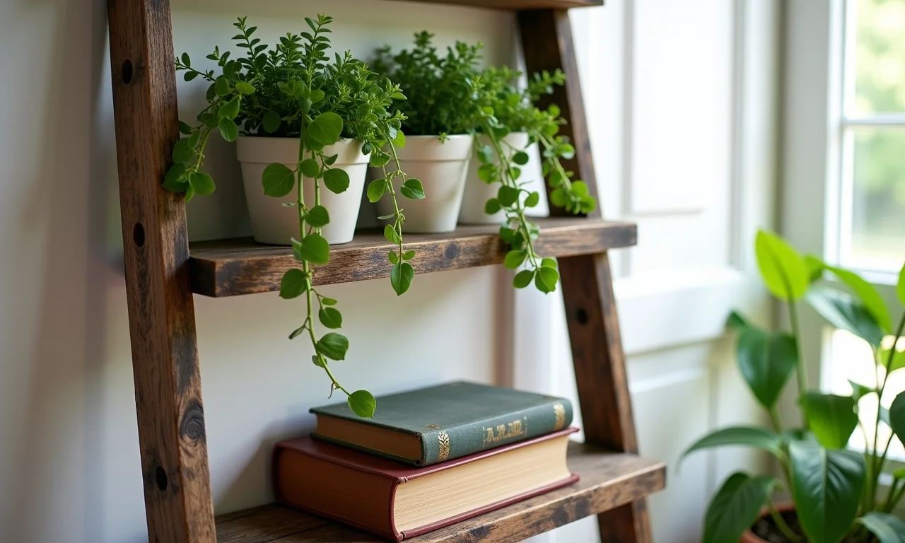 Escada decorativa rústica com plantas e livros.