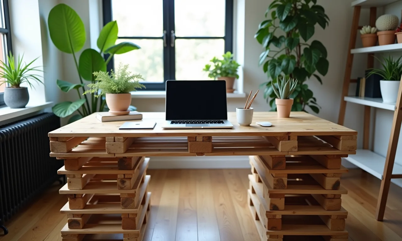 Escrivaninha de paletes em um escritório moderno com laptop e plantas.
